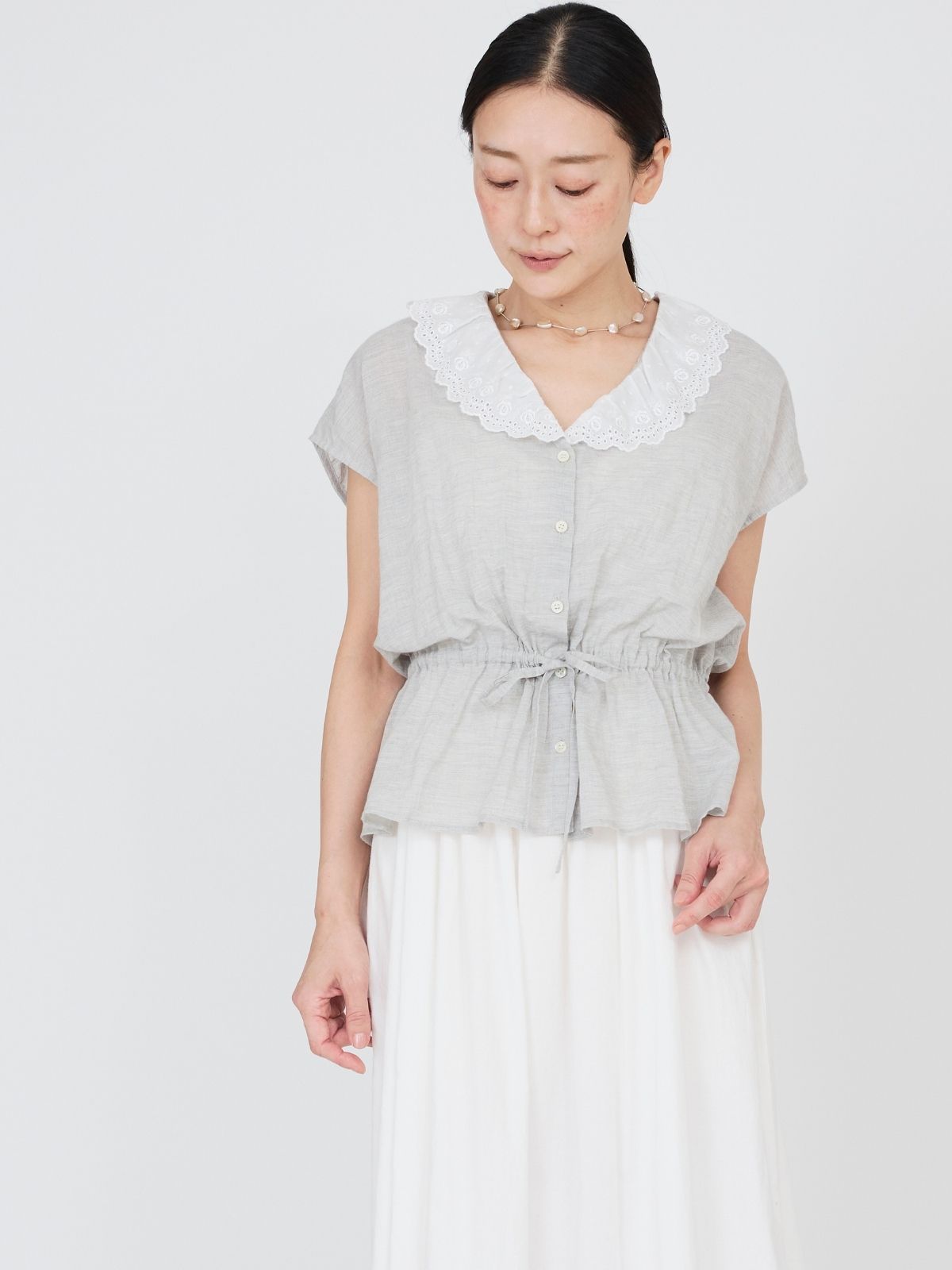 NEW｜クラシックローズレースブラウス ライトグレー