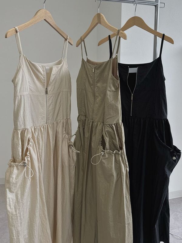 gather drawstring front zip nylon cami OP