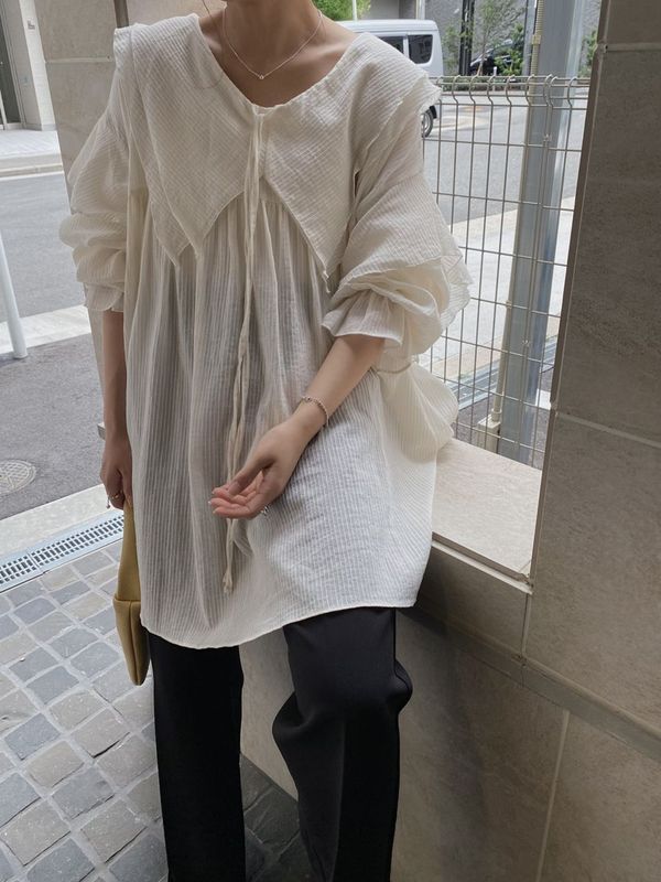frill detail dobby stripe sheer tunic BL
