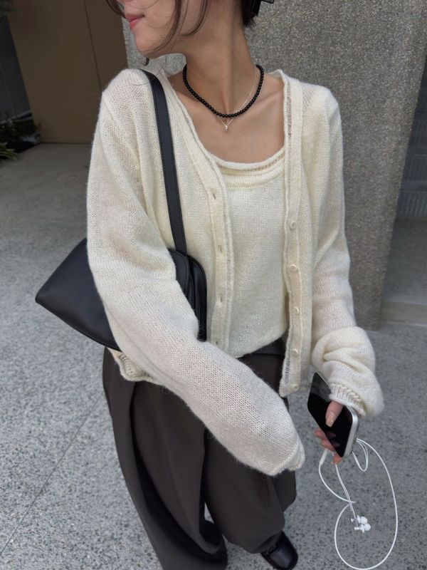 crochet trim knit set cardigan
