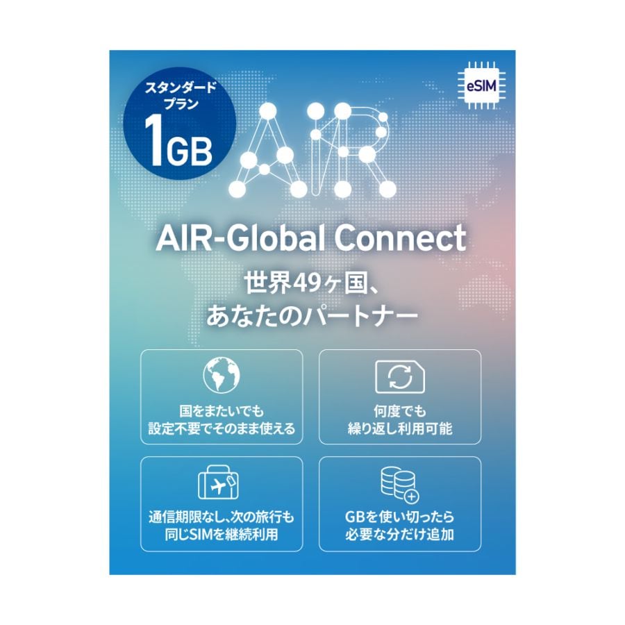 【eSIM】AIR-Global Connect 有効期限無しでずっと使えるプリペイドeSIM 日本国内外対応 リチャージ可能 現地回線利用