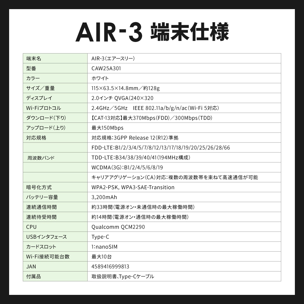 【追加GBチャージ可能】CALENDAR WIFI GBチャージ式クラウドWIFIルーター AIR3 初回日本国用365日100GBプランセット 日本/海外追加チャージ可能 契約返却無し 月額費用無し