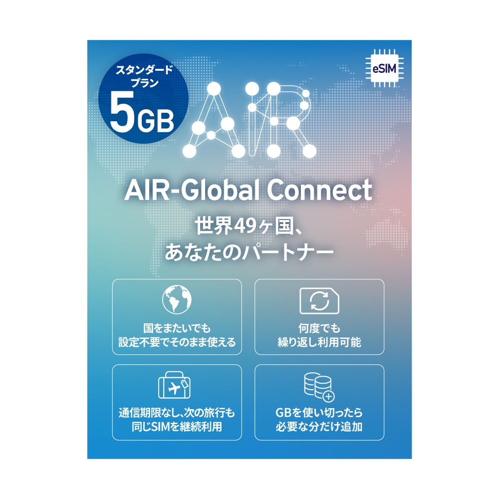 【eSIM】AIR-Global Connect 有効期限無しでずっと使えるプリペイドeSIM 日本国内外対応 リチャージ可能 現地回線利用