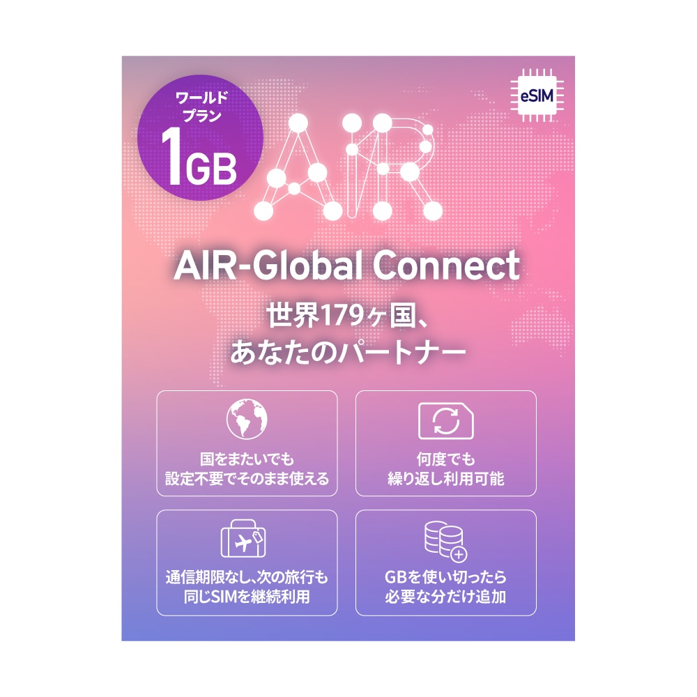 【eSIM】AIR-Global Connect 有効期限無しでずっと使えるプリペイドeSIM 日本国内外対応 リチャージ可能 現地回線利用