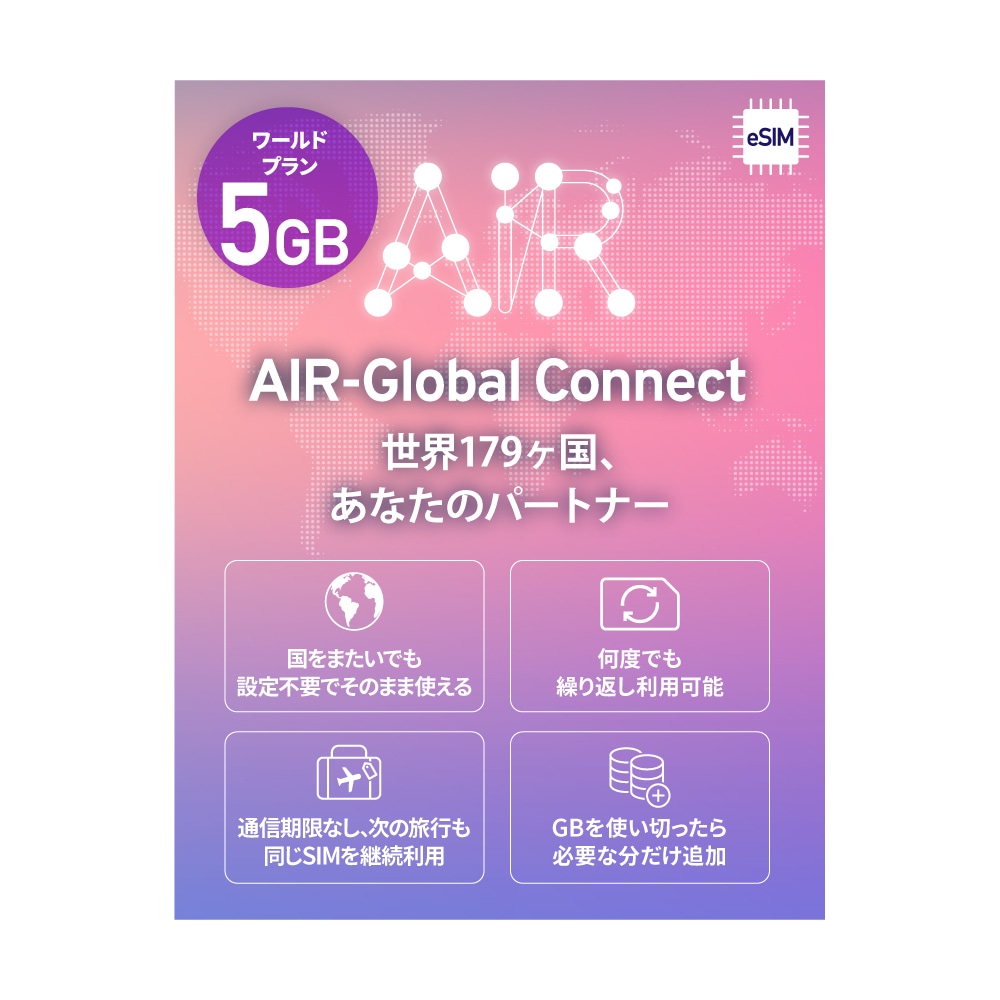 【eSIM】AIR-Global Connect 有効期限無しでずっと使えるプリペイドeSIM 日本国内外対応 リチャージ可能 現地回線利用