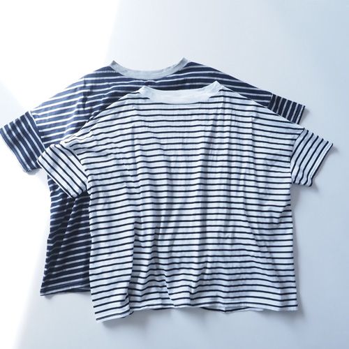 美品】tamaki niime ペロンT 半袖カットソー ボーダー ブルー
