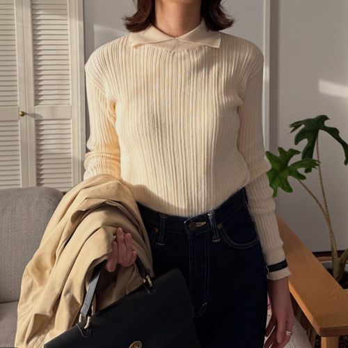 【予約】【あさこさんコラボ】NARU(ナル) ランダムリブ シャツカラーニット 6W-ask-02