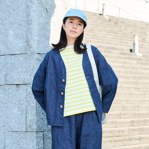 NARU(ナル) コットンシルクブーレットノイルデニム ノーカラージャケット 670841