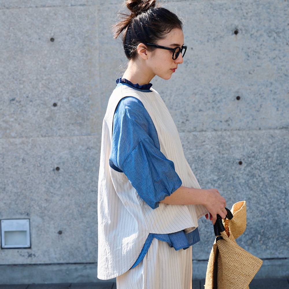 NARU(ナル) コットンクロスストライプワッシャー ラウンドベスト 670837