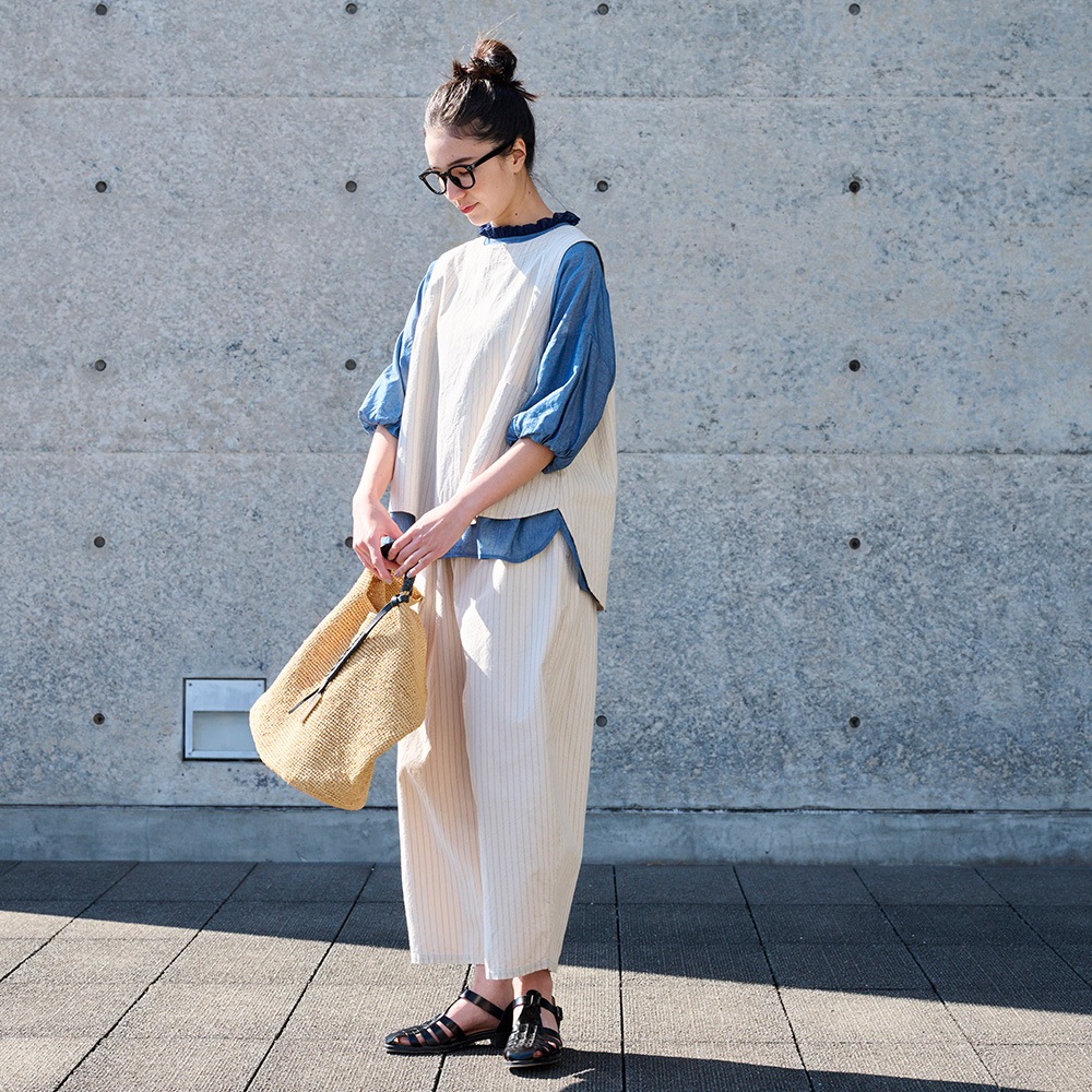 NARU(ナル) コットンクロスストライプワッシャー ラウンドベスト 670837