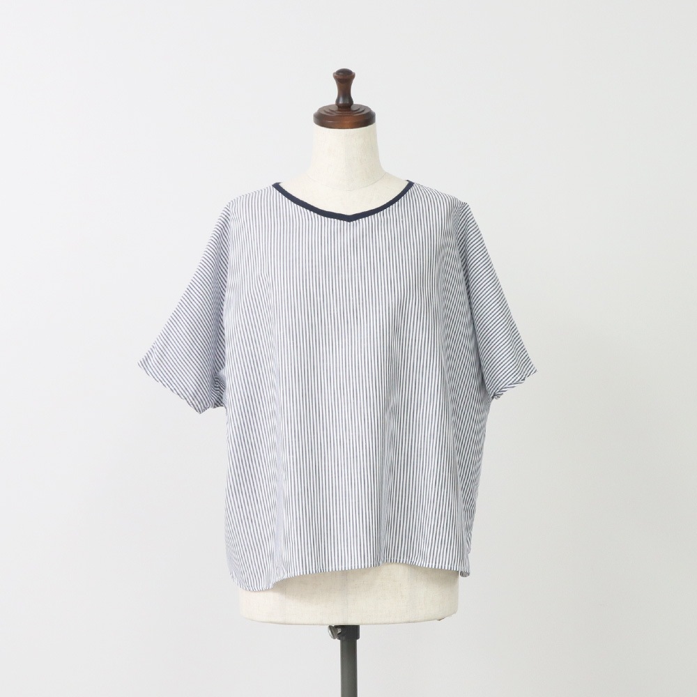 NARU(ナル) コットンリネン交織ストライプ バトーブラウス 664901