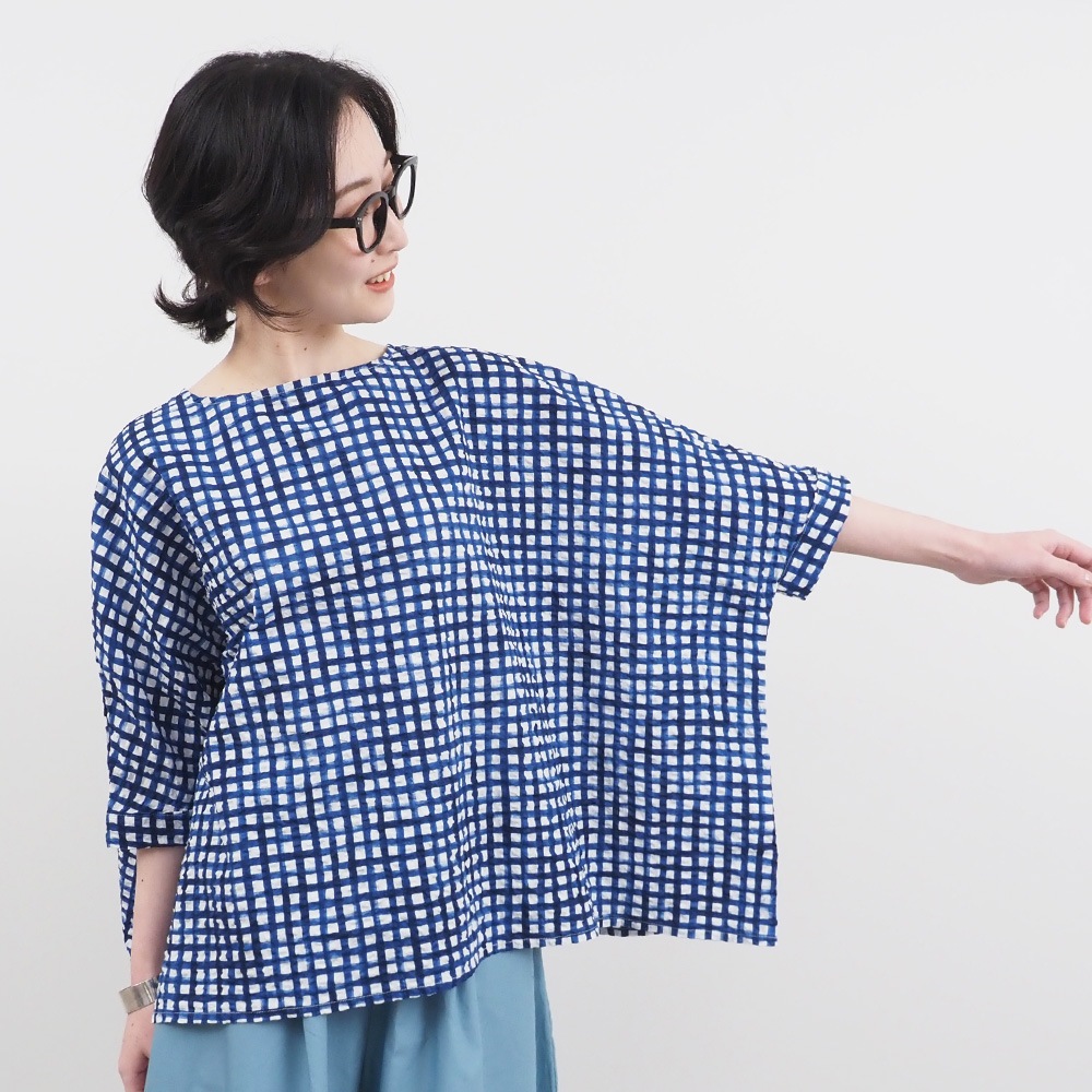 NARU(ナル) 60ローンリップルチェック＆ストライプ ゆったりブラウス 649831