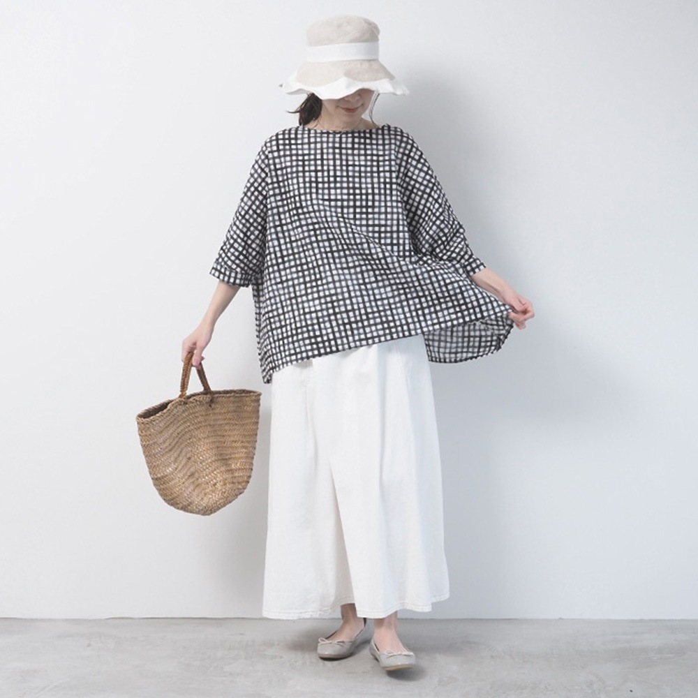 NARU(ナル) 60ローンリップルチェック＆ストライプ ゆったりブラウス 649831