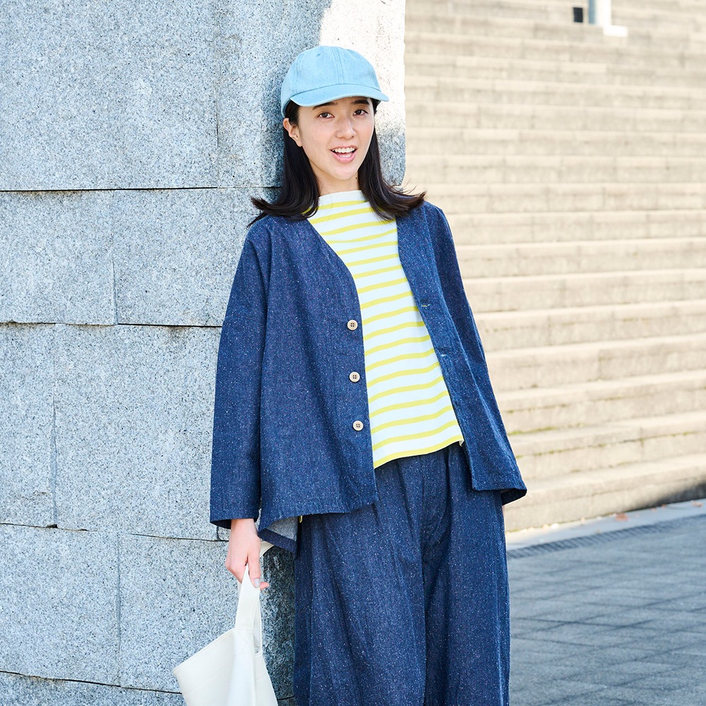 NARU(ナル) コットンシルクブーレットノイルデニム ノーカラージャケット 670841