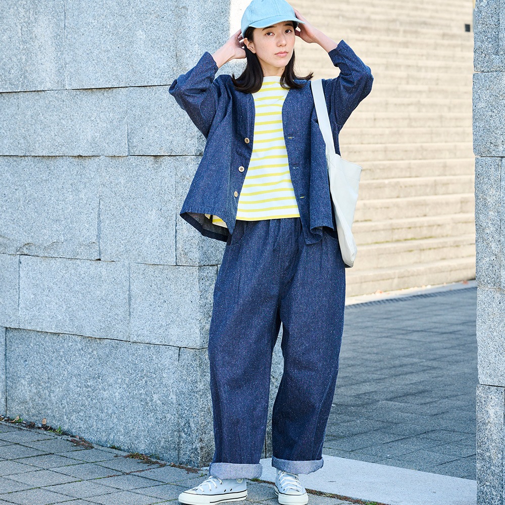 NARU(ナル) コットンシルクブーレットノイルデニム ノーカラージャケット 670841