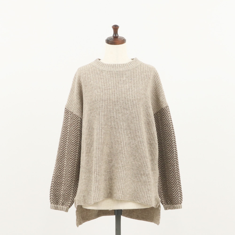 NARU(ナル) NATURAL COLORED WOOL 袖ヘリンボーン畦ニット 659600