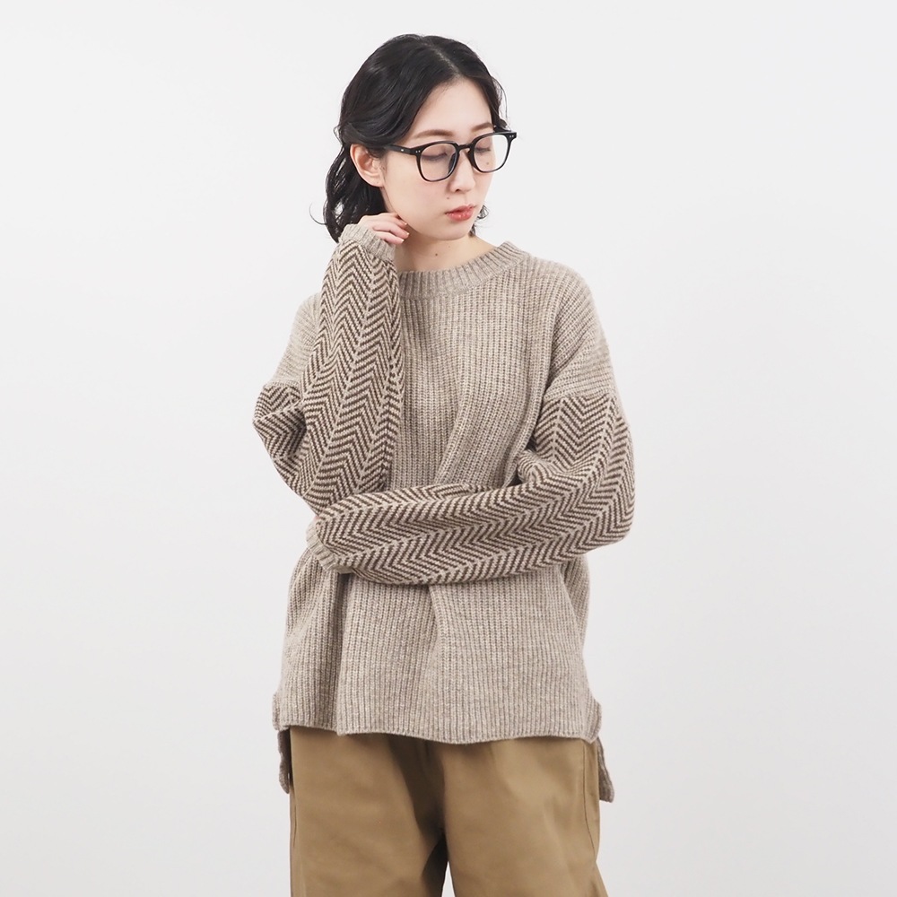 NARU(ナル) NATURAL COLORED WOOL 袖ヘリンボーン畦ニット 659600