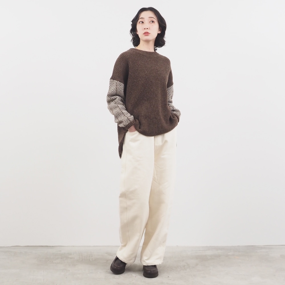 NARU(ナル) NATURAL COLORED WOOL 袖ヘリンボーン畦ニット 659600
