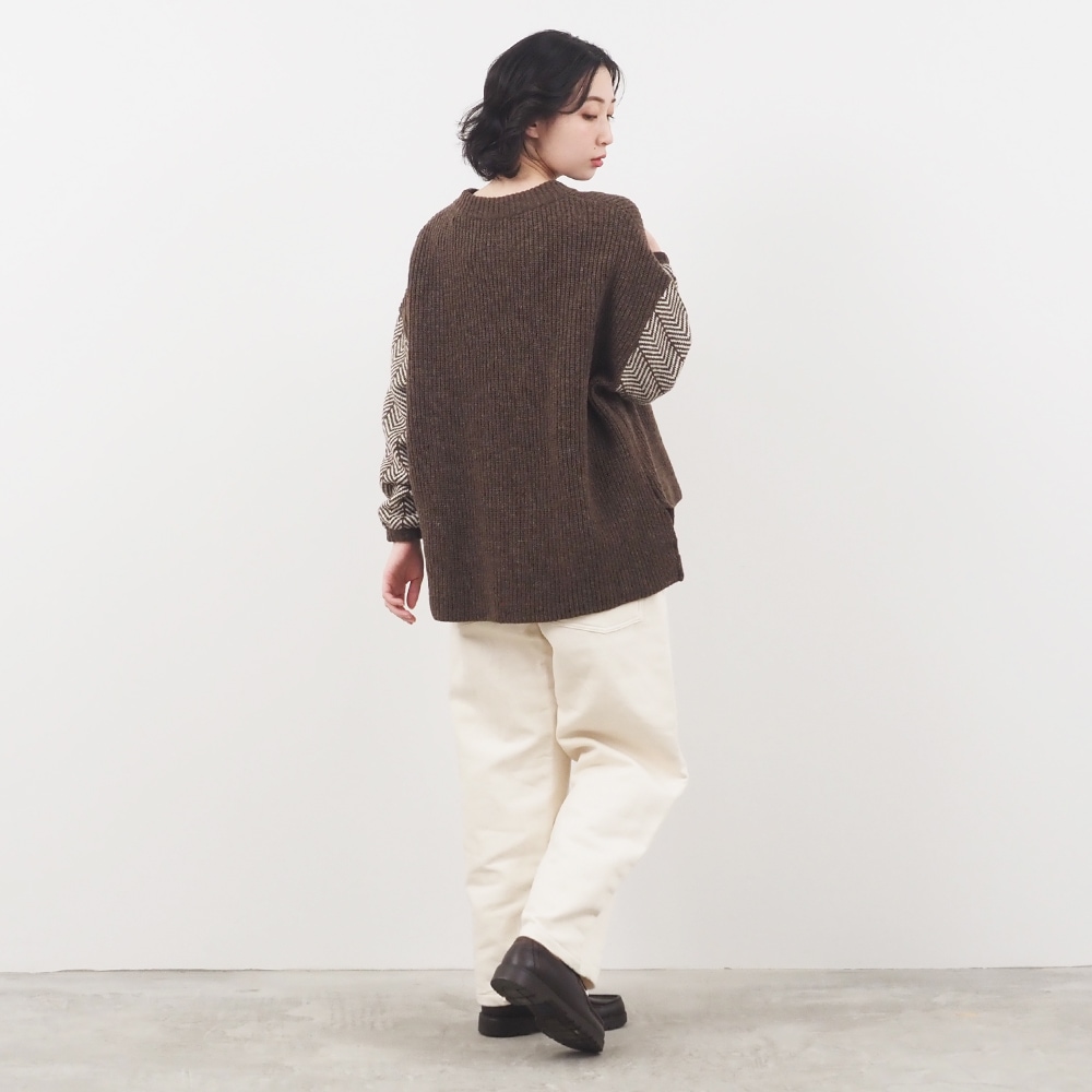 NARU(ナル) NATURAL COLORED WOOL 袖ヘリンボーン畦ニット 659600