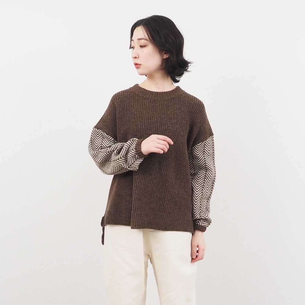 NARU(ナル) NATURAL COLORED WOOL 袖ヘリンボーン畦ニット 659600