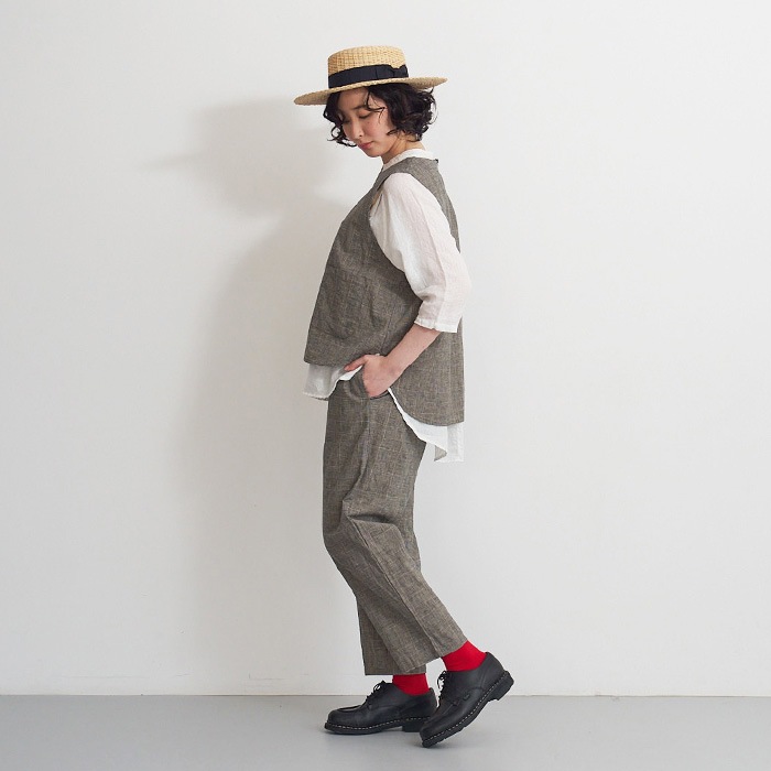 NARU(ナル) 綿麻チェック ラウンドベスト 654842BE