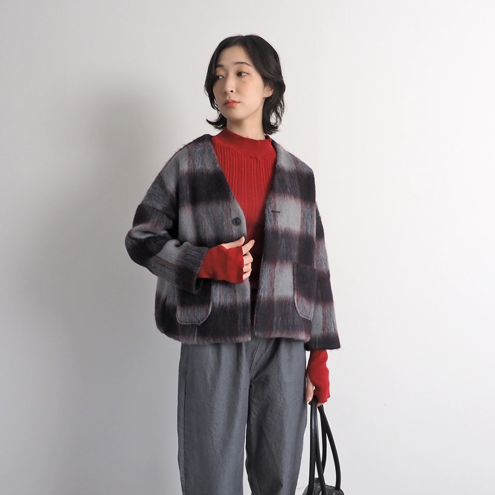 NARU(ナル) シャギーチェックノーカラージャケット 668916