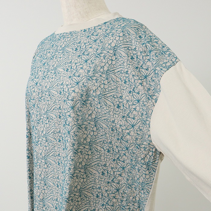 NARU(ナル) 40/2天竺×60sローン花柄刺繍 クルーネックPO 654045
