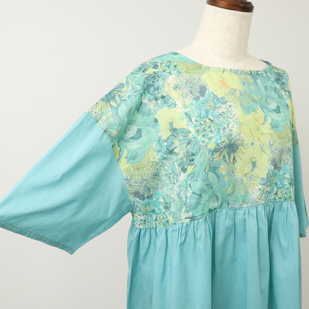 新色入荷！NARU(ナル) LIBERTYコットン(Marina Seaflower) 切替ファッスンシャツ(5分袖) 661952