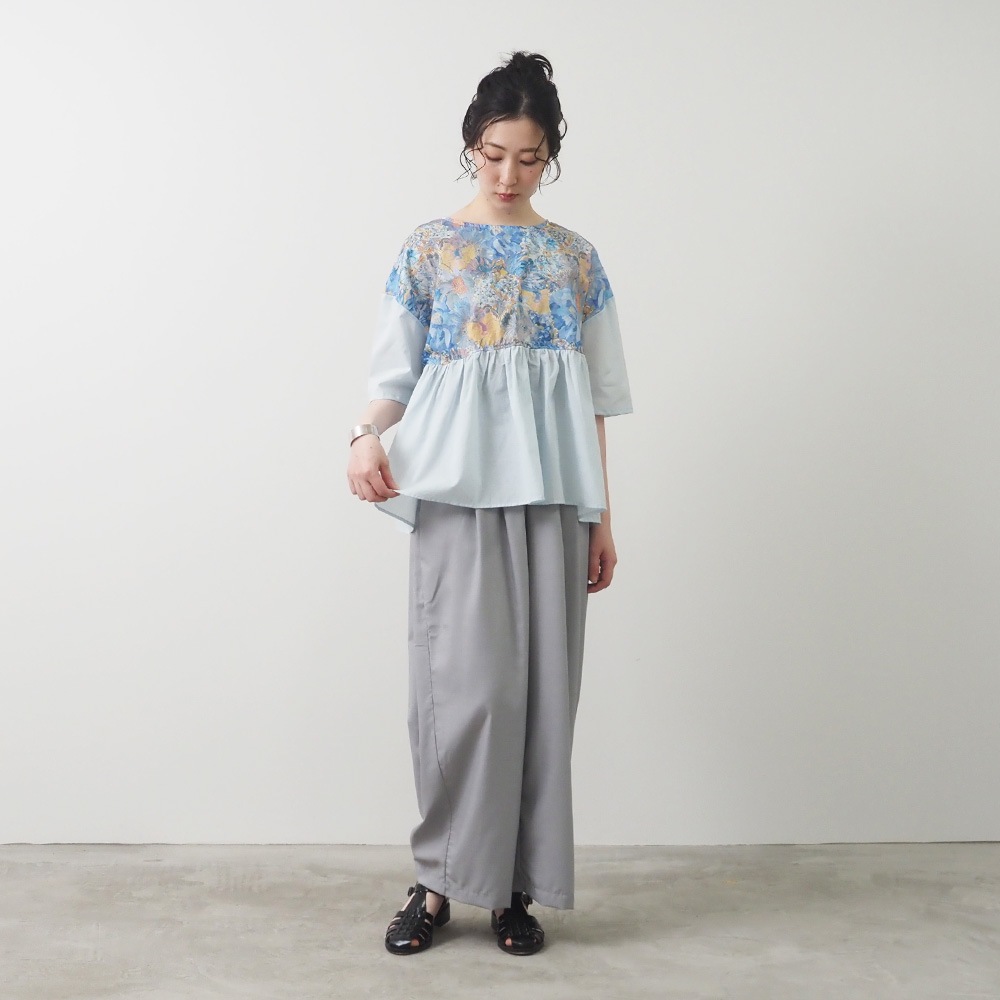 新色入荷！NARU(ナル) LIBERTYコットン(Marina Seaflower) 切替ファッスンシャツ(5分袖) 661952