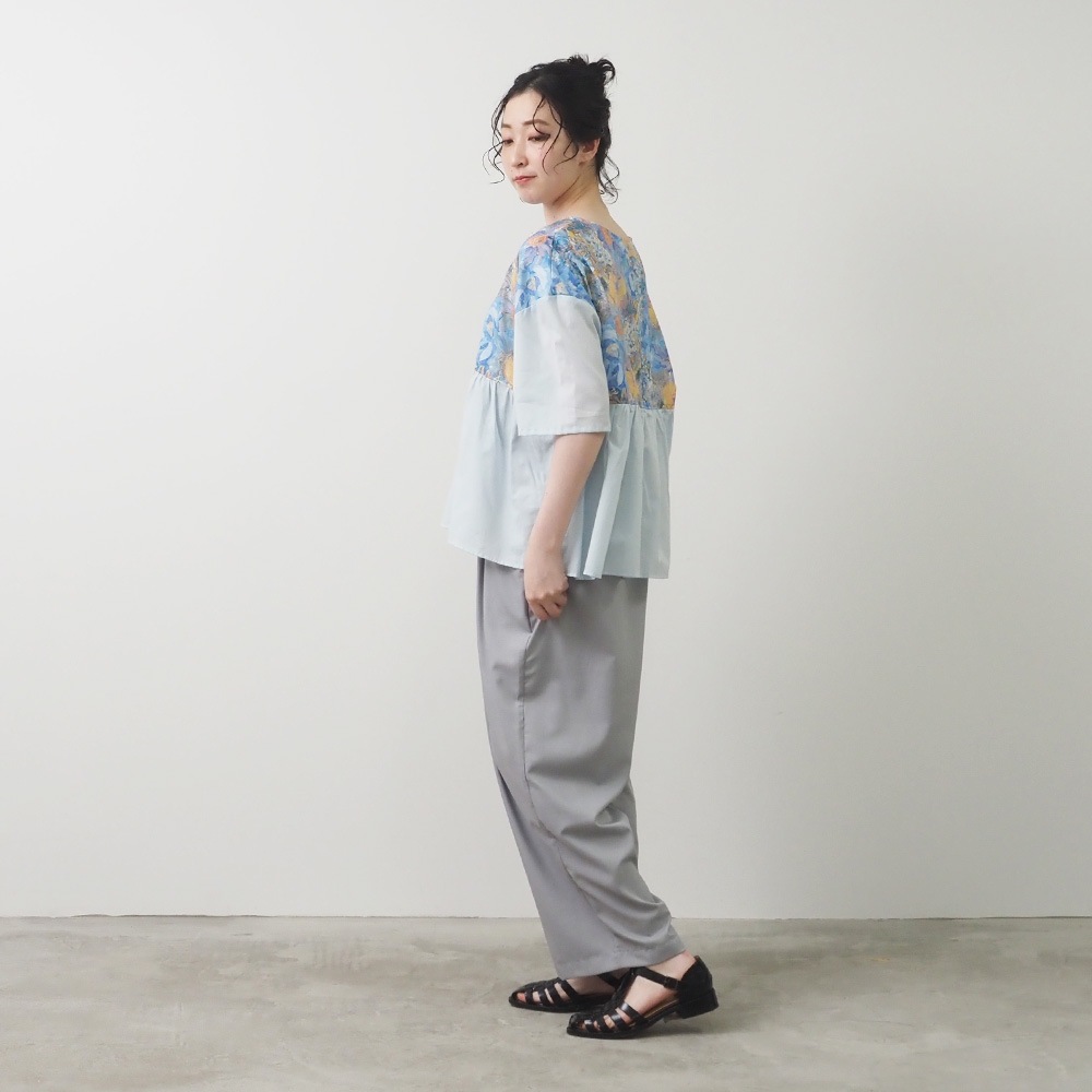 新色入荷！NARU(ナル) LIBERTYコットン(Marina Seaflower) 切替ファッスンシャツ(5分袖) 661952