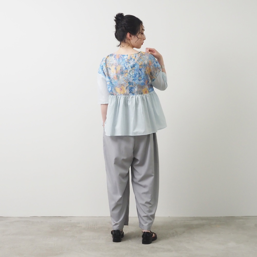 新色入荷！NARU(ナル) LIBERTYコットン(Marina Seaflower) 切替ファッスンシャツ(5分袖) 661952