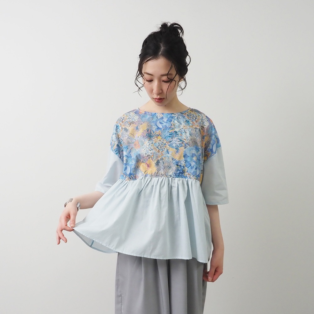 新色入荷！NARU(ナル) LIBERTYコットン(Marina Seaflower) 切替ファッスンシャツ(5分袖) 661952