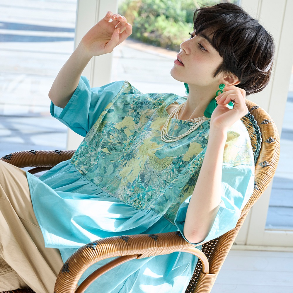 新色入荷！NARU(ナル) LIBERTYコットン(Marina Seaflower) 切替ファッスンシャツ(5分袖) 661952