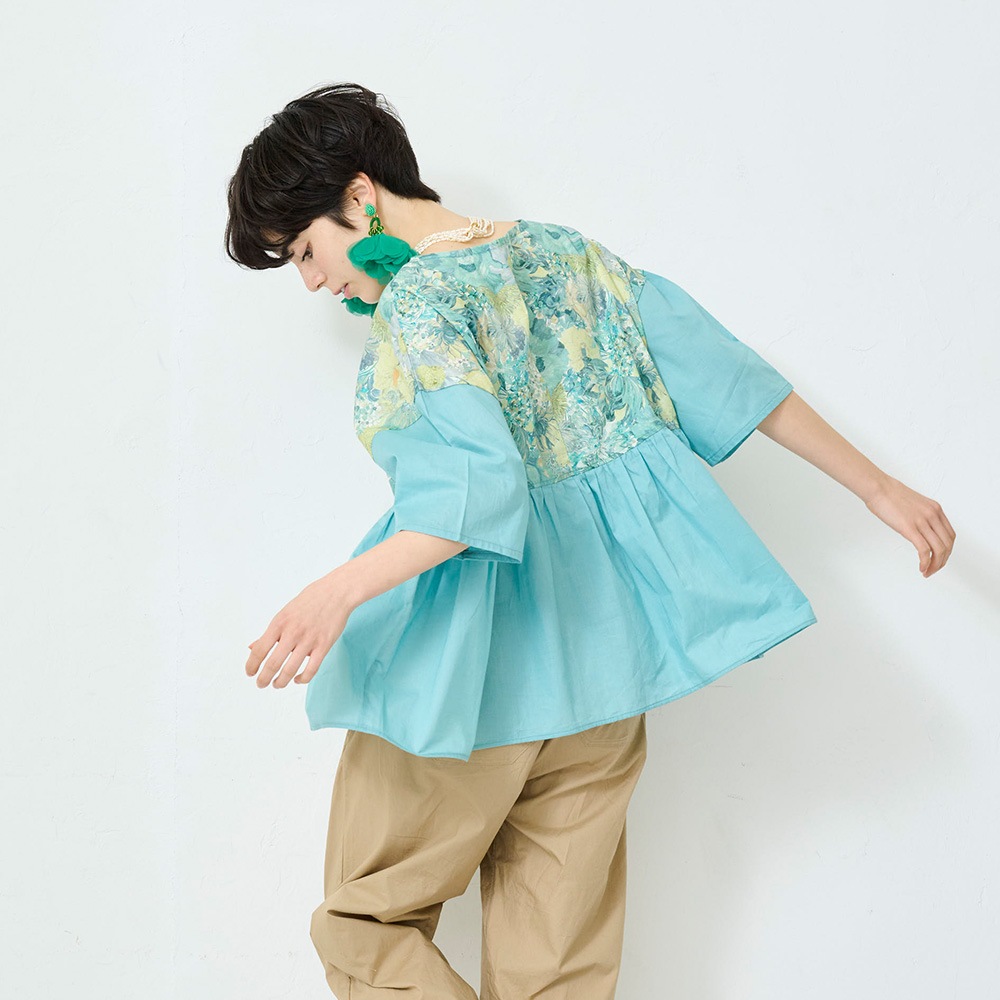 新色入荷！NARU(ナル) LIBERTYコットン(Marina Seaflower) 切替ファッスンシャツ(5分袖) 661952