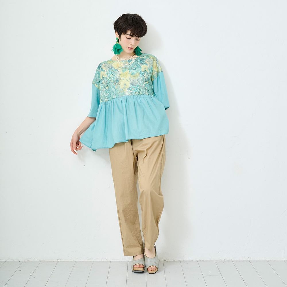 新色入荷！NARU(ナル) LIBERTYコットン(Marina Seaflower) 切替ファッスンシャツ(5分袖) 661952