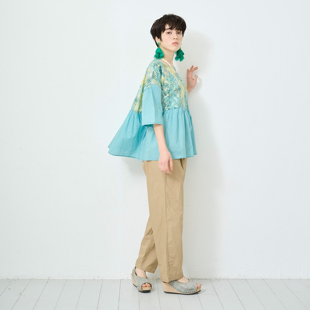 新色入荷！NARU(ナル) LIBERTYコットン(Marina Seaflower) 切替ファッスンシャツ(5分袖) 661952