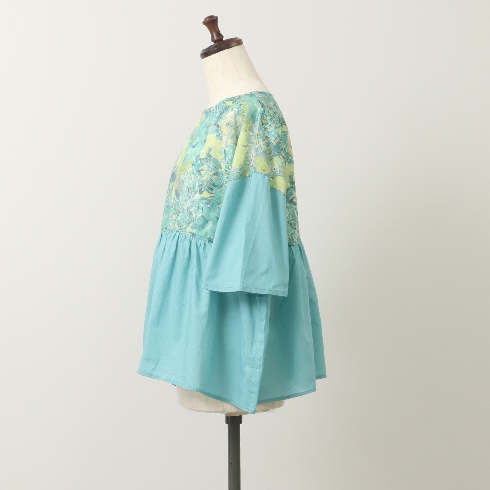 新色入荷！NARU(ナル) LIBERTYコットン(Marina Seaflower) 切替ファッスンシャツ(5分袖) 661952