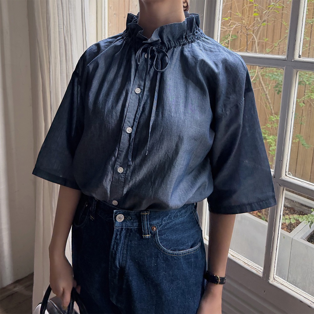 【予約】【あさこさんコラボ】NARU(ナル) 2.25デニム フリルネックブラウス 6S-ask-225D