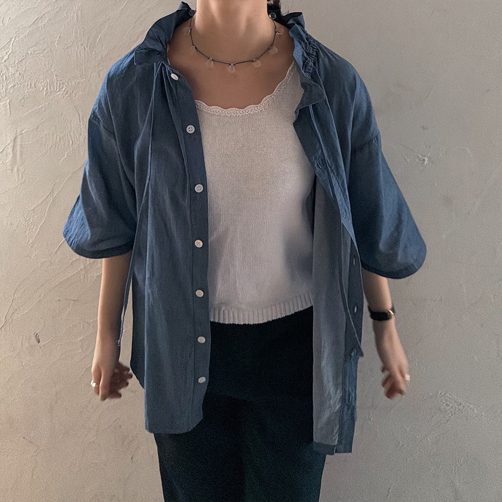 【予約】【あさこさんコラボ】NARU(ナル) 2.25デニム フリルネックブラウス 6S-ask-225D