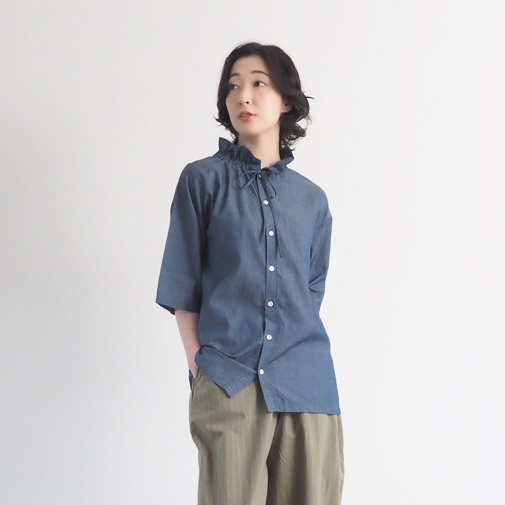 【予約】【あさこさんコラボ】NARU(ナル) 2.25デニム フリルネックブラウス 6S-ask-225D