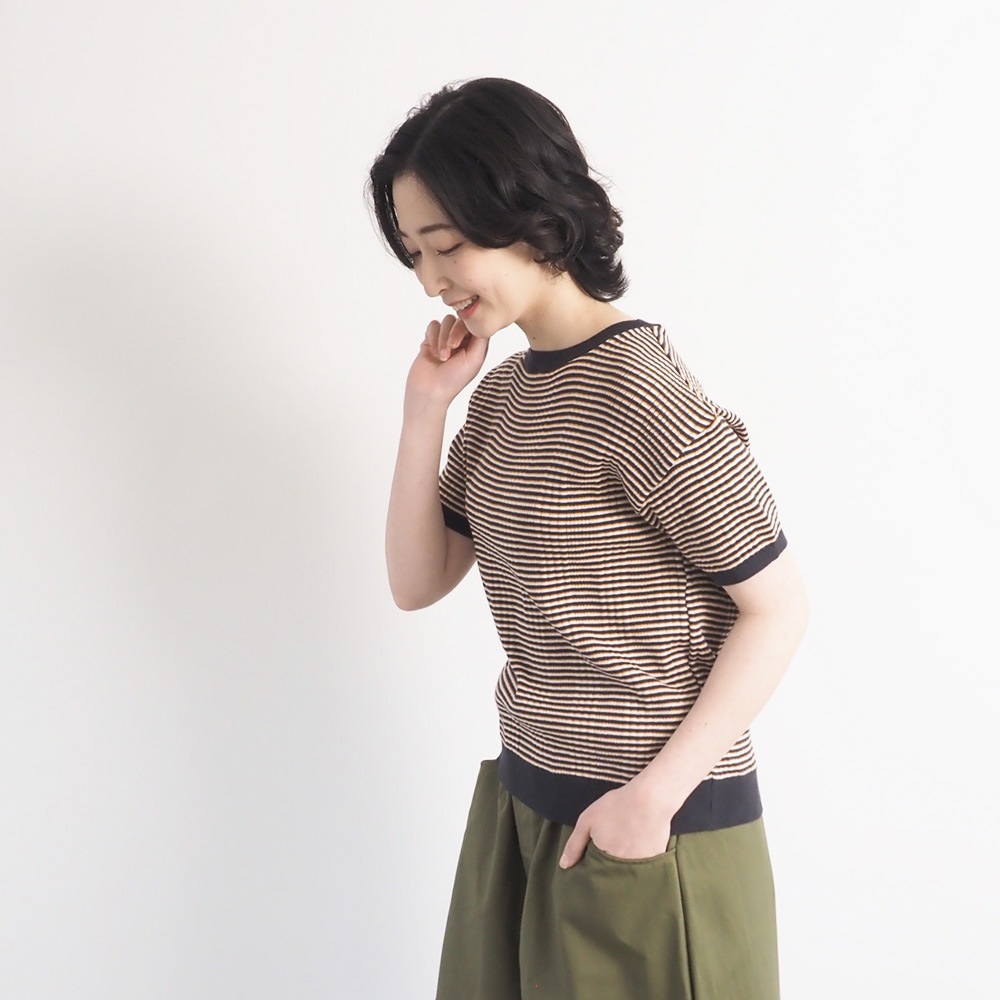 NARU(ナル) コンパクトヤーン マルチボーダーランダムリブ半袖ニット 670705