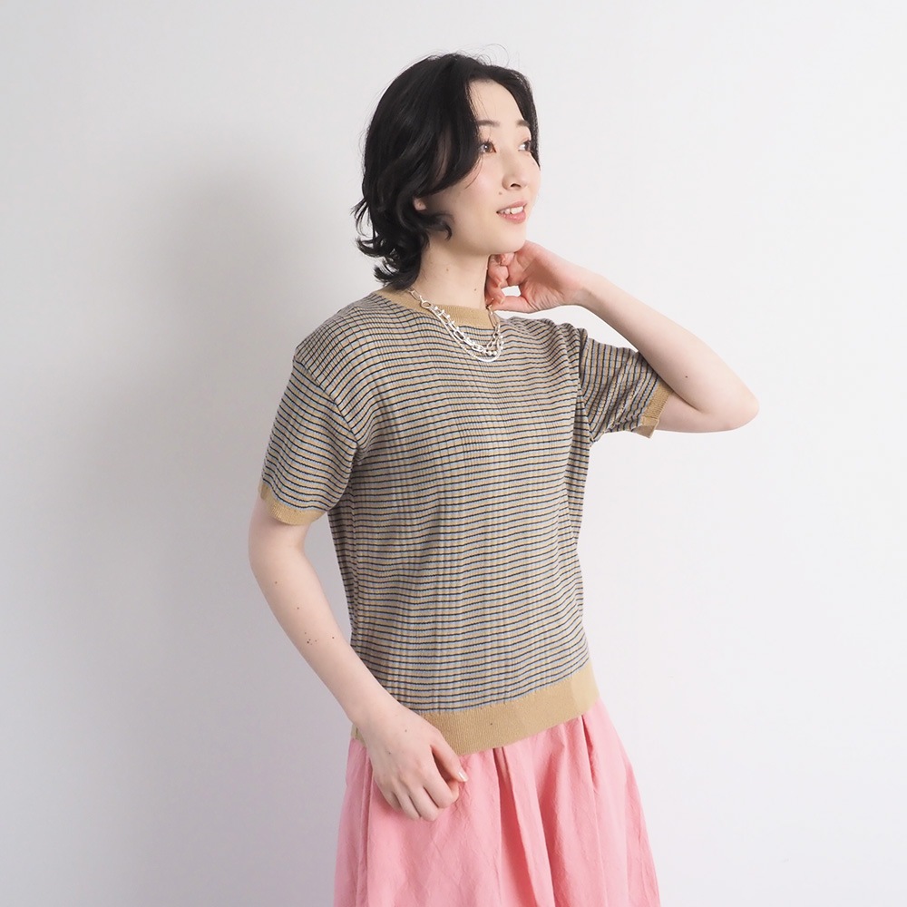 NARU(ナル) コンパクトヤーン マルチボーダーランダムリブ半袖ニット 670705