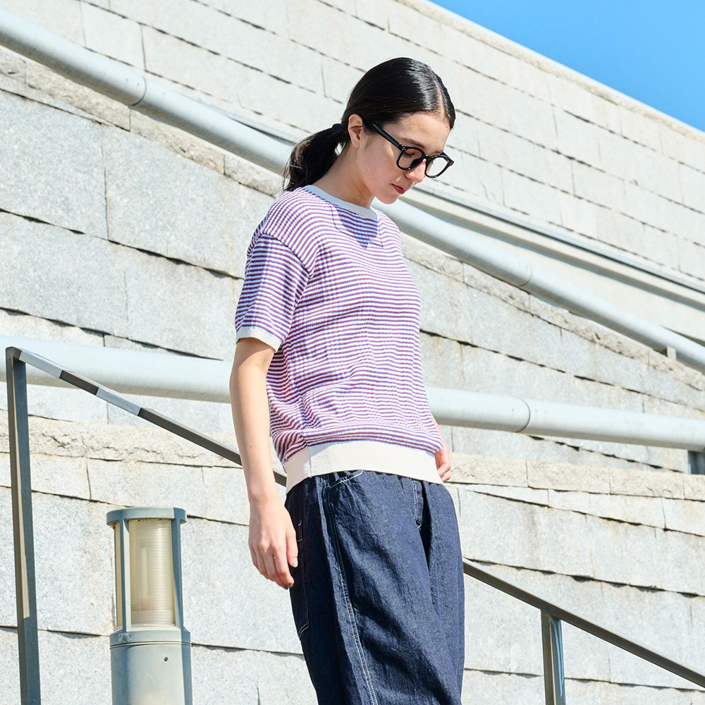 NARU(ナル) コンパクトヤーン マルチボーダーランダムリブ半袖ニット 670705