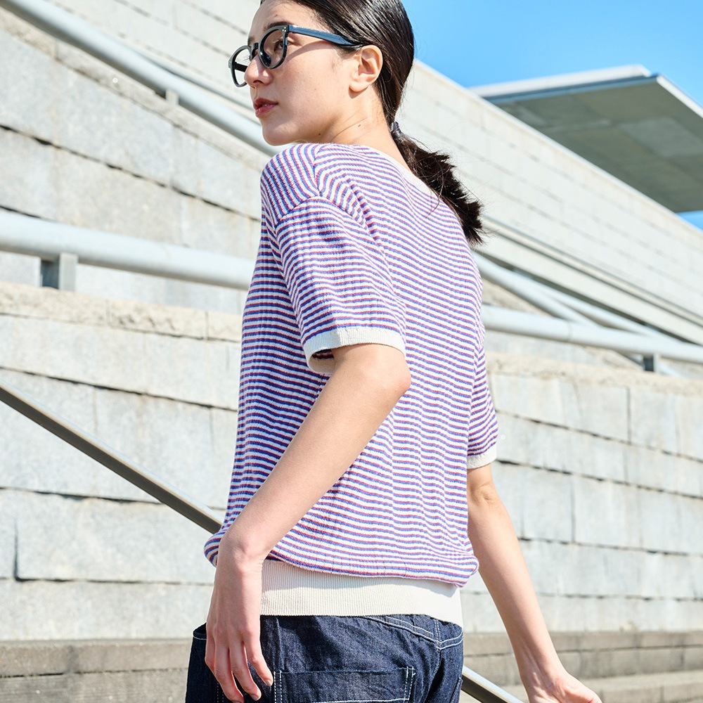 NARU(ナル) コンパクトヤーン マルチボーダーランダムリブ半袖ニット 670705