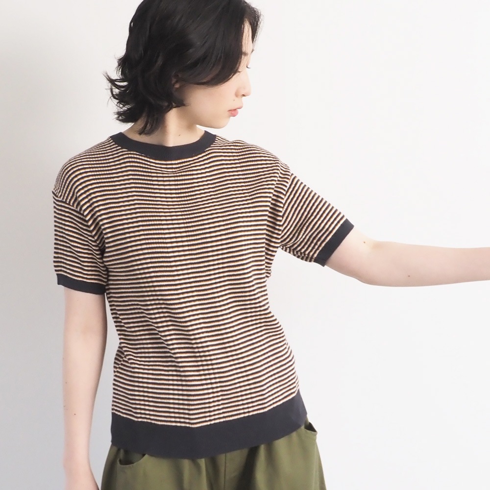 NARU(ナル) コンパクトヤーン マルチボーダーランダムリブ半袖ニット 670705