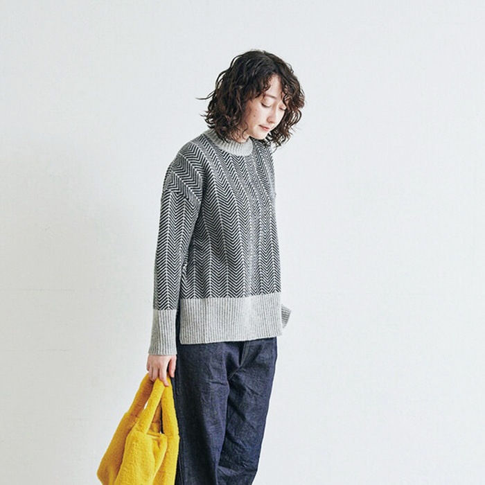 【キナリノコラボ】NARU(ナル) タスマニアラムウール ヘリンボン柄コモドニット KR-TR-02