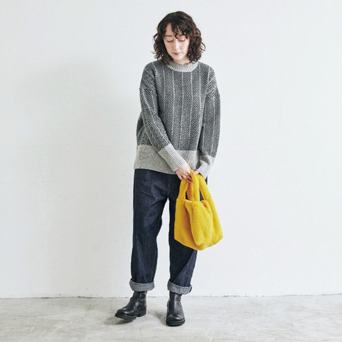 【キナリノコラボ】NARU(ナル) タスマニアラムウール ヘリンボン柄コモドニット KR-TR-02