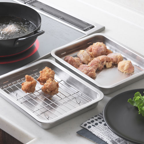 ヨシカワ ステンレス浅型バットセット 2pcs（蓋×2、アミ×1） SJ3659