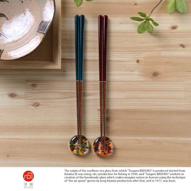 津軽びいどろ 若狭塗の夫婦箸 びいどろの箸置き セット まつりはなび TS-15369