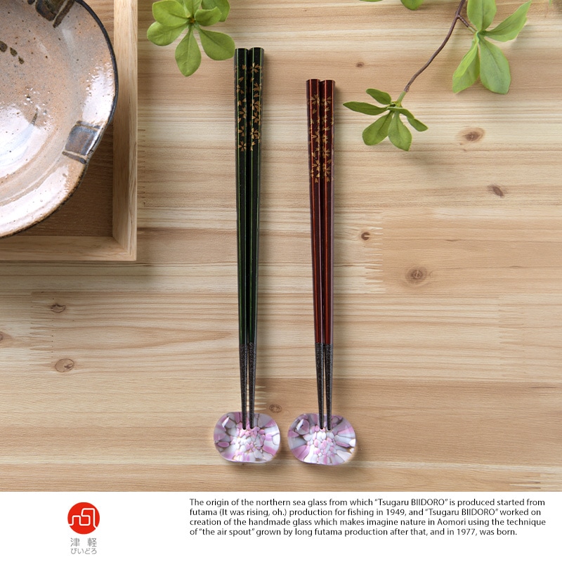 津軽びいどろ 若狭塗の夫婦箸 びいどろの箸置き セット sakura 小判 TS-15371